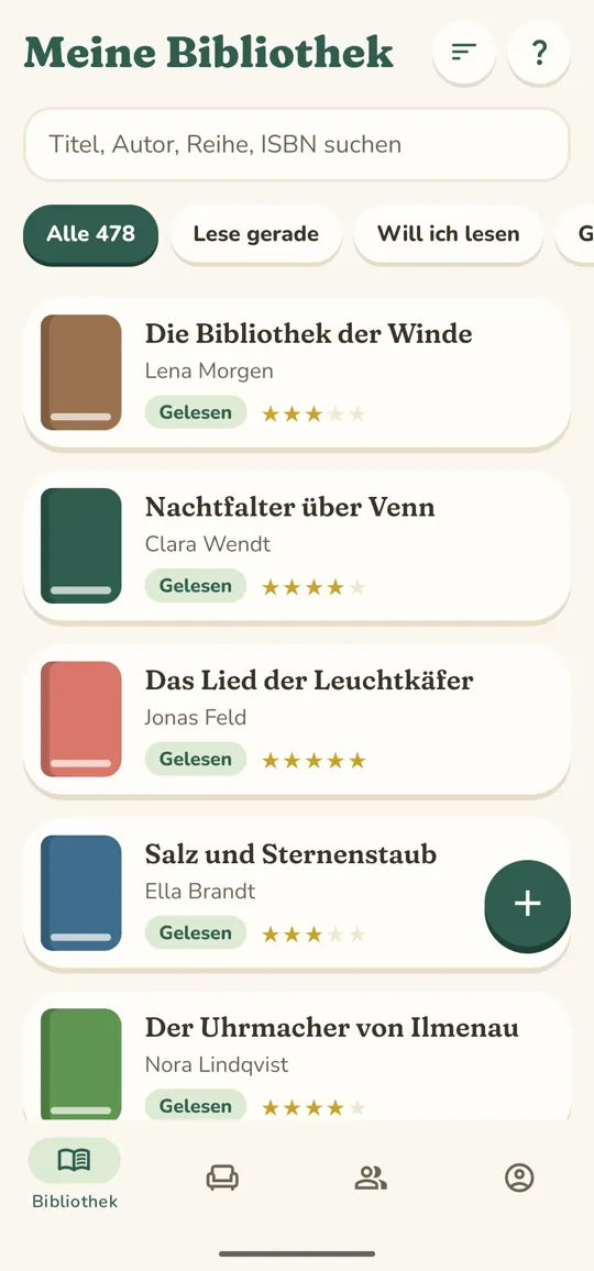 Meine Bibliothek: Suche, Filter nach Lesestatus und eine Liste gelesener Bücher mit Sternebewertung.