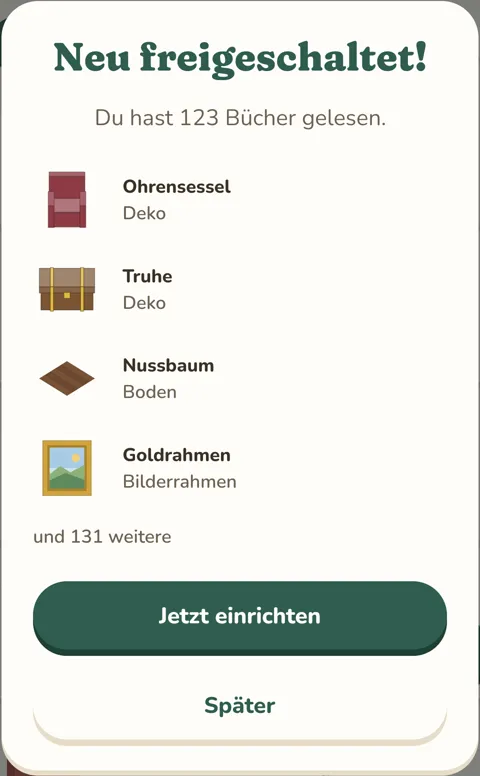 Neu freigeschaltet: Ohrensessel, Truhe, Nussbaumboden und ein Goldrahmen.